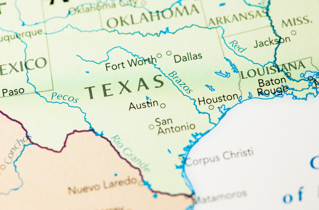 An image of Texas on a map, zoomed in so the state of Texas fills the frame.