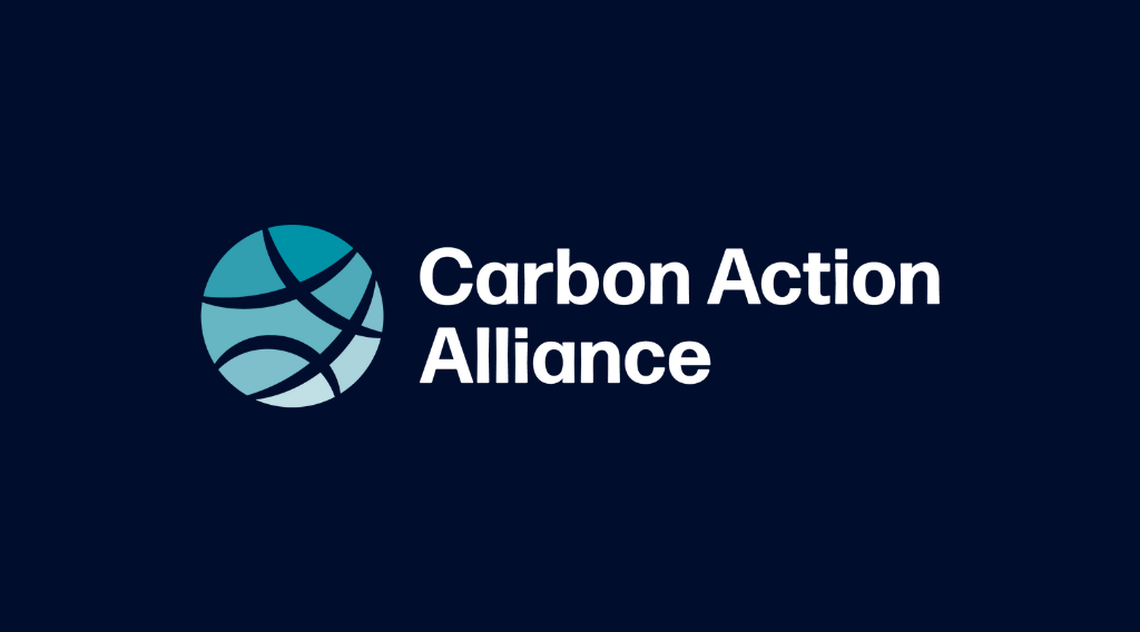 Circular blue logo with Carbon Action Alliance text on dark blue background